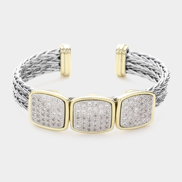 Two Tone Triple Square CZ Metal Cable Cubic Zirconia Cuff Bracelet Bangle - Picture 1 of 3